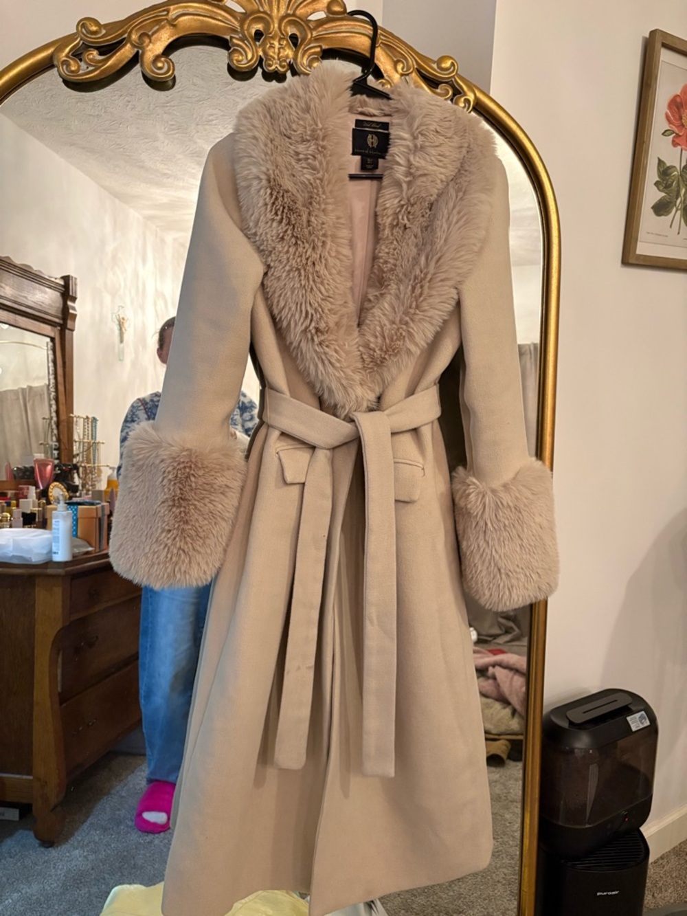 Penny Lane Inspired Faux-Fur Trim Long Wrap Coat in Cream Beige